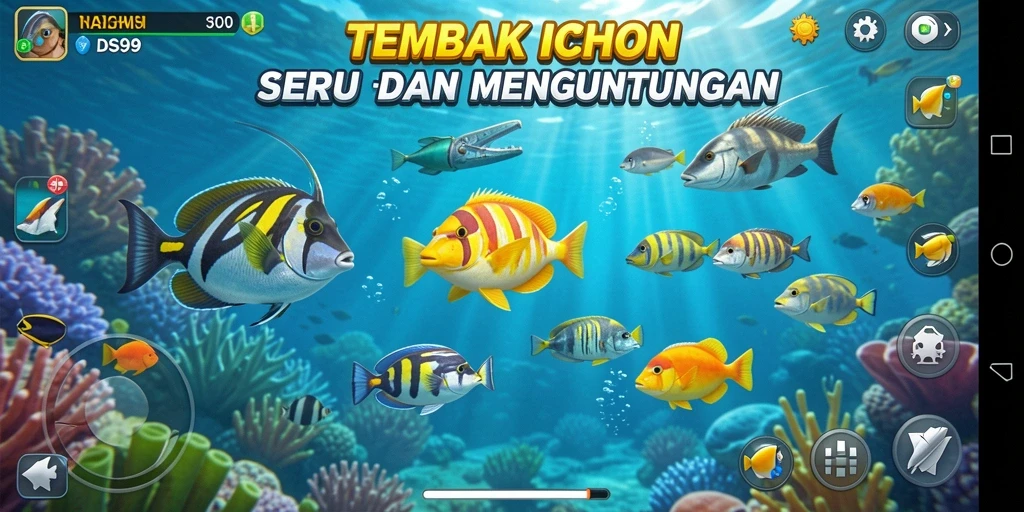Tampilan gameplay menarik dari DS99 saat menembak ikan di lautan.