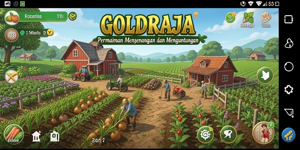 Screenshot gameplay GOLDRAJA menunjukkan aktivitas bertani yang seru dan interaktif.
