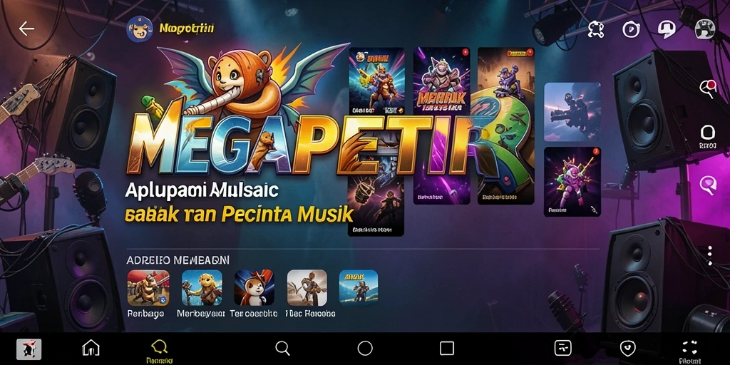 Screenshot utama MEGAPETIR menampilkan antarmuka permainan musik yang menarik.