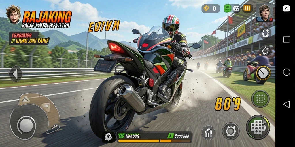Tampilan mendebarkan dari gameplay RAJAKING saat balapan motor.
