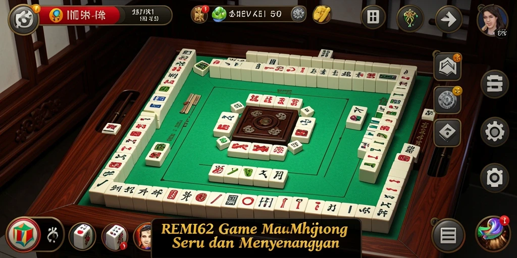 Tampilan gameplay seru REMI62 dengan strategi Mahjong yang menarik.