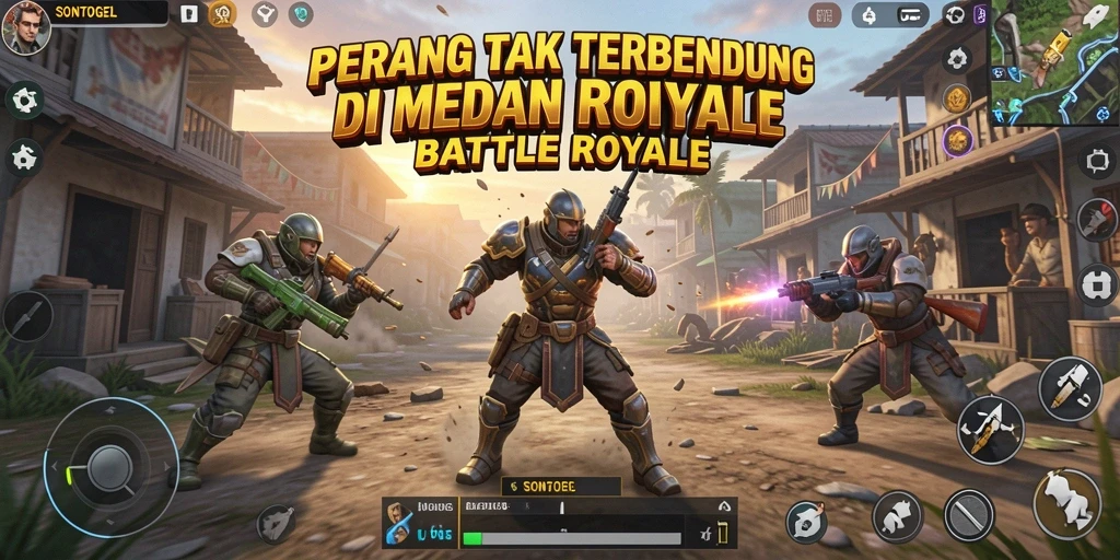 Tampilan gameplay SONTOGEL yang seru dan mendebarkan di medan battle royale.