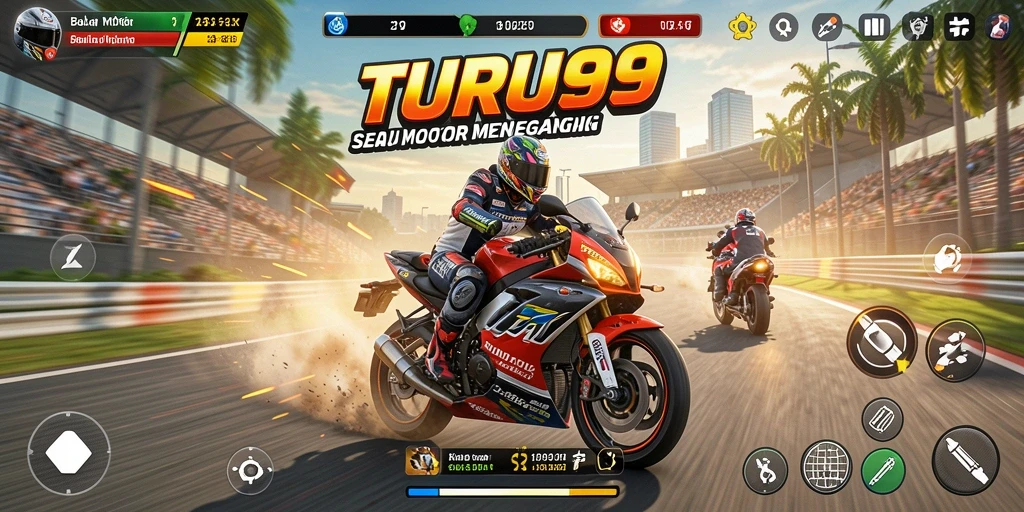 Screenshot TURU99 menampilkan gameplay balap motor yang mendebarkan.